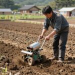 텃밭에서 미니 농기계 관리기로 흙을 고르는 모습