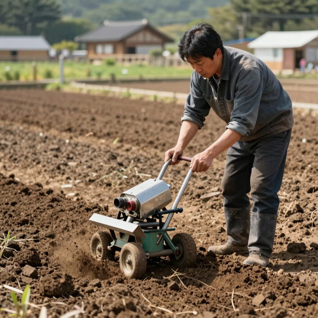 텃밭에서 미니 농기계 관리기로 흙을 고르는 모습