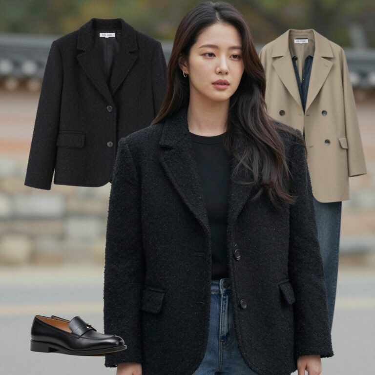 미쏘 블랙 트위드 자켓을 입은 여성의 데일리 코디