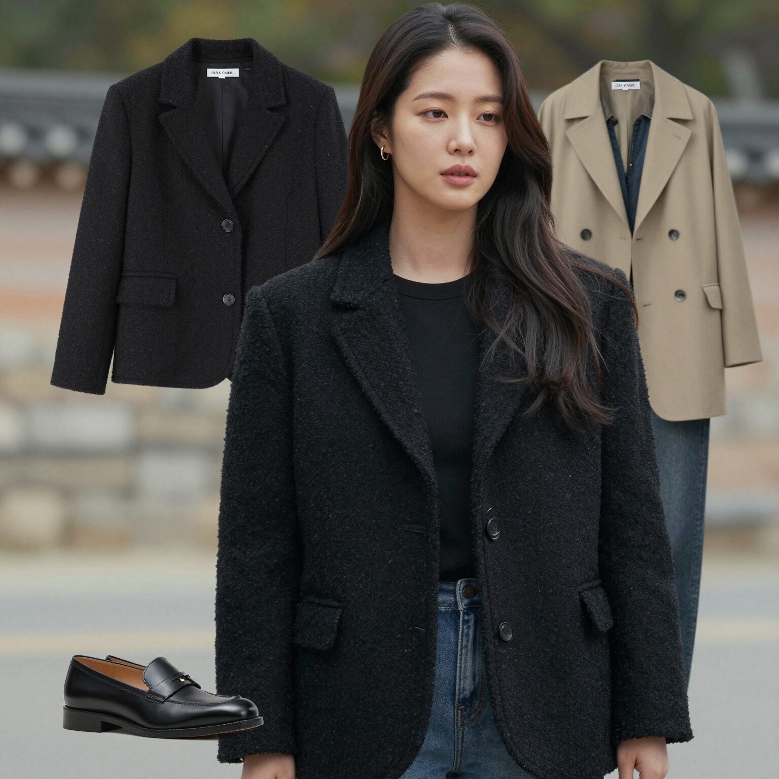 미쏘 블랙 트위드 자켓을 입은 여성의 데일리 코디