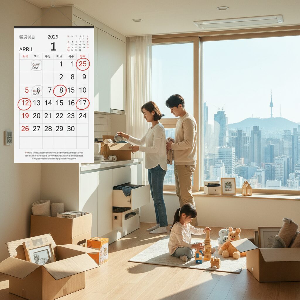 2026년 4월 달력에 손없는날 표시와 이사 짐 정리하는 모습