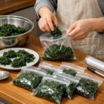 데친 쑥을 소분하여 지퍼백에 넣어 냉동 보관하는 모습