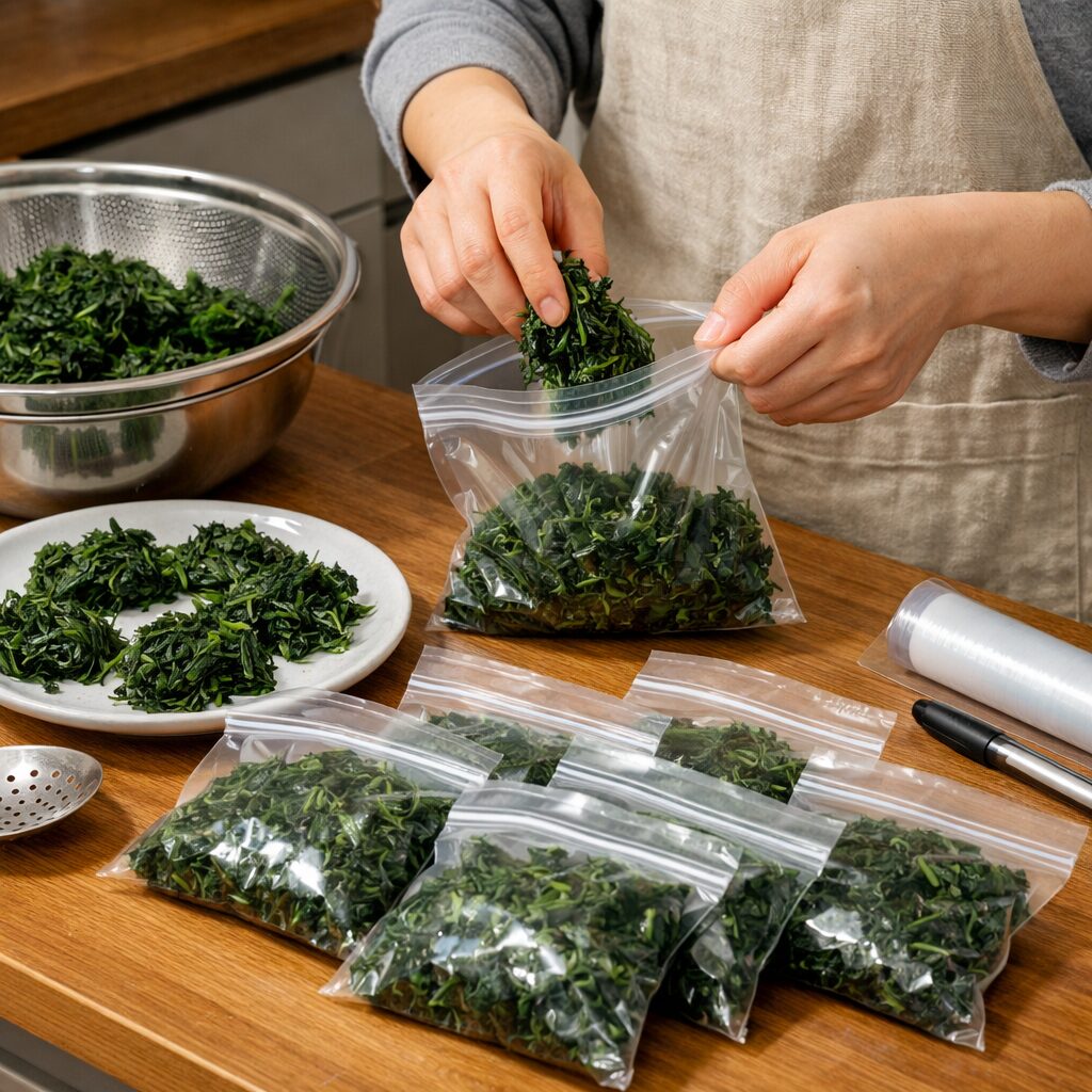 데친 쑥을 소분하여 지퍼백에 넣어 냉동 보관하는 모습