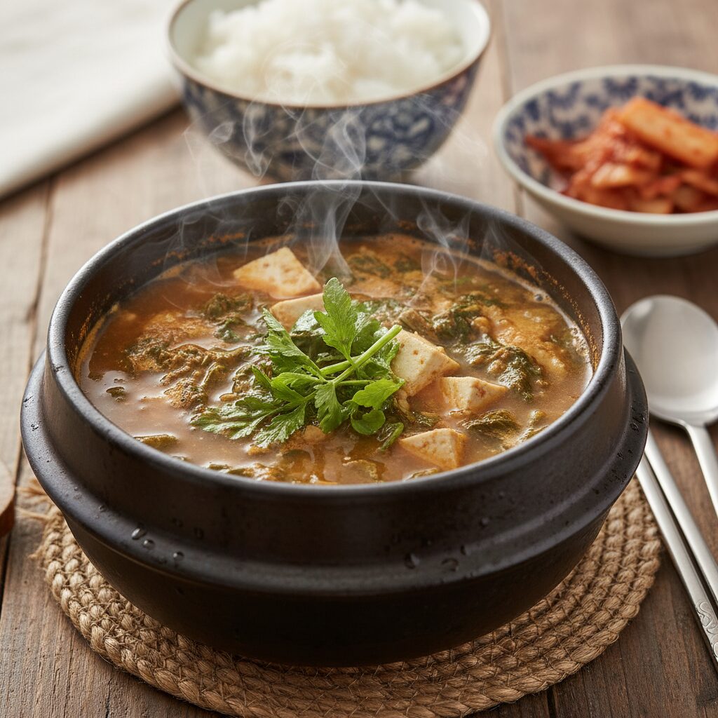 깨끗이 손질된 냉이와 두부가 들어간 진한 냉이된장국이 담긴 뚝배기 사진