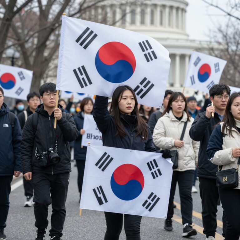 워싱턴 DC 노킹스 시위에서 성조기를 든 참가자들