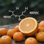 오렌지 칼로리와 건강 효능 올바른 섭취법 신선한 오렌지 과일과 비타민C 구조식이 함께 있는 이미지