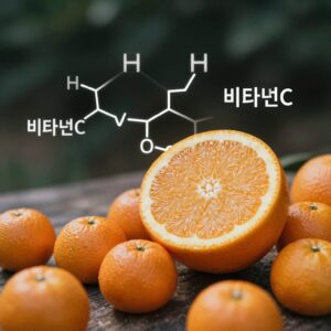 신선한 오렌지 과일과 비타민C 구조식이 함께 있는 이미지