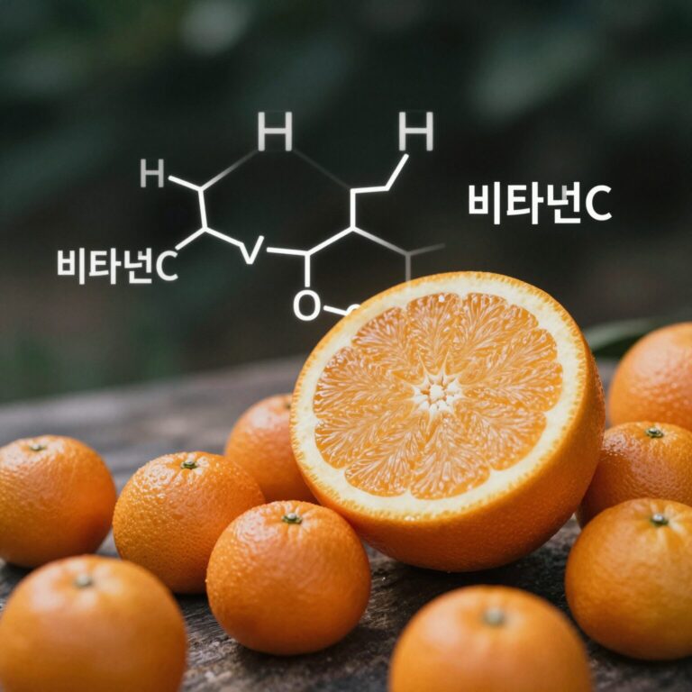 신선한 오렌지 과일과 비타민C 구조식이 함께 있는 이미지