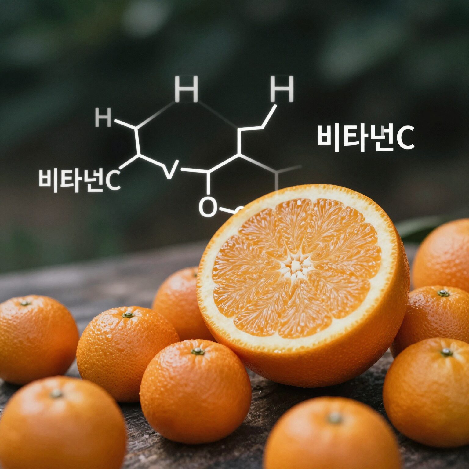 신선한 오렌지 과일과 비타민C 구조식이 함께 있는 이미지