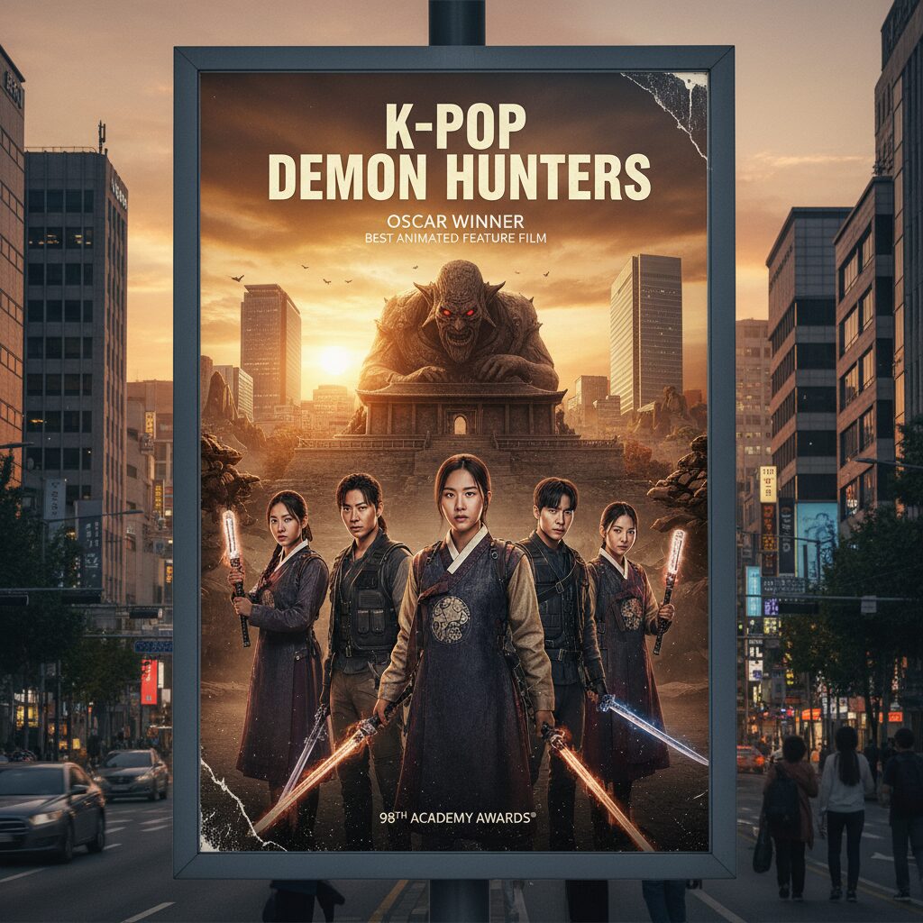 제98회 오스카 시상식에서 장편 애니메이션상을 수상한 케이팝 데몬 헌터스 포스터