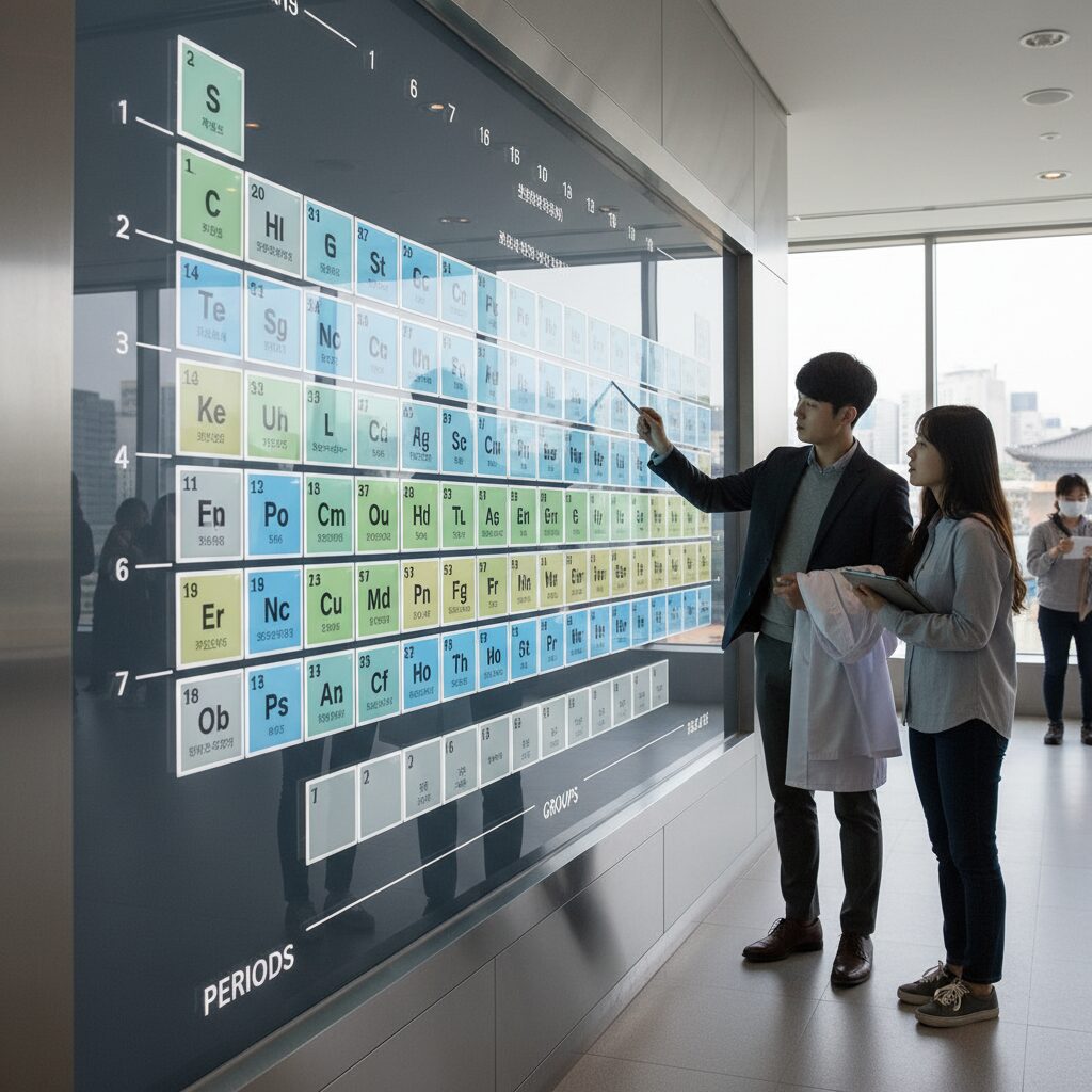 주기율표의 가로줄 주기와 세로줄 족이 표시된 다이어그램