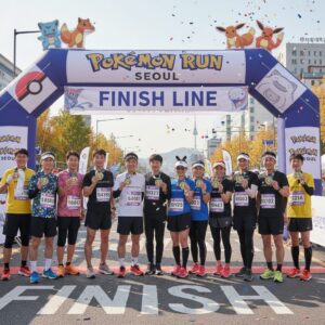 포켓몬런 마라톤 완주 지점에 서 있는 참가자들