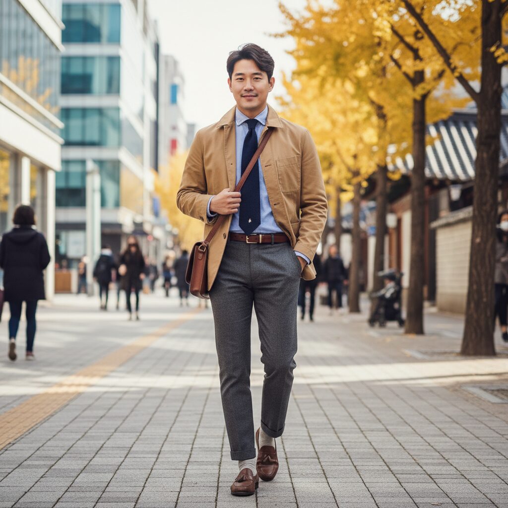 폴로 트윌 자켓을 활용한 세미 포멀 캐주얼 스타일링 예시