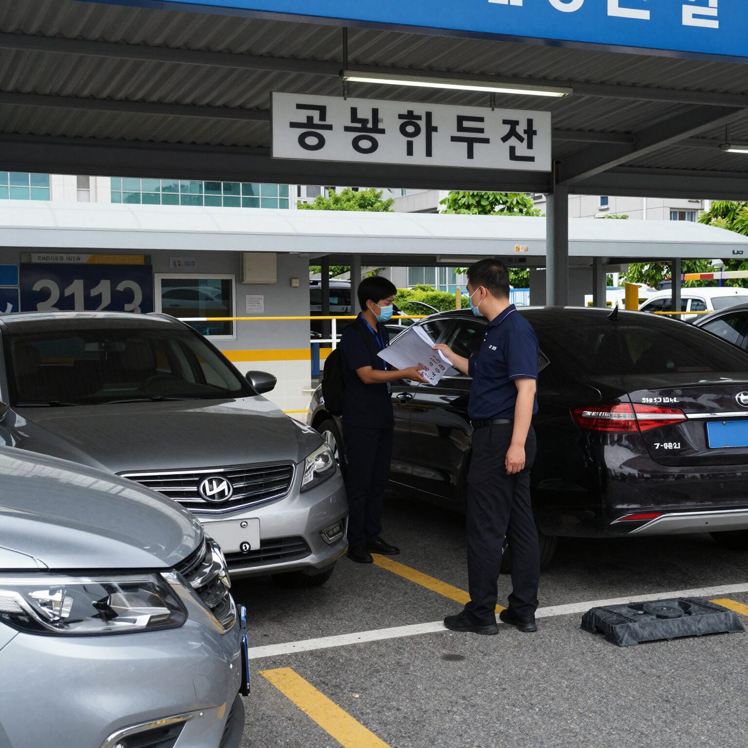 공공기관 주차장 입구에서 직원이 차량 번호판을 확인하는 모습