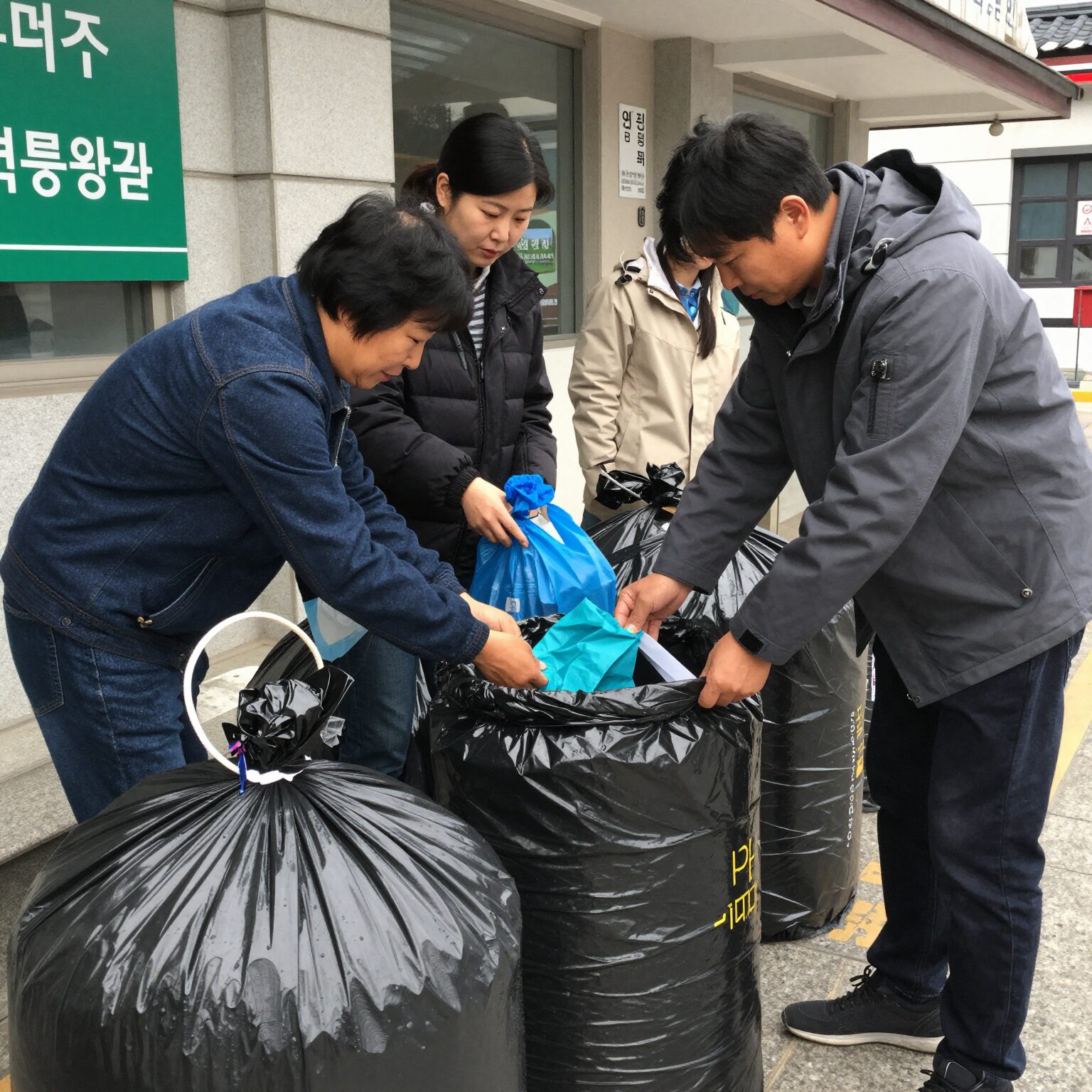 폐건전지를 모아 행정복지센터에서 쓰레기봉투로 교환하는 모습