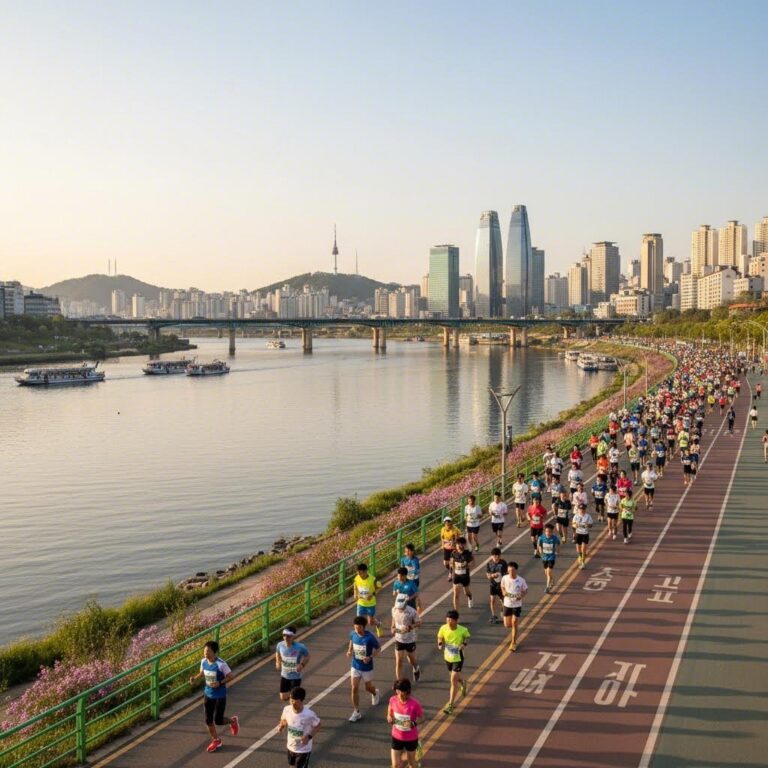 서울의 도시 풍경과 한강을 배경으로 한 마라톤 코스 예시 이미지