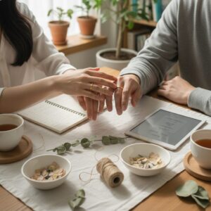 간소한 결혼식을 준비하는 커플의 손과 결혼반지