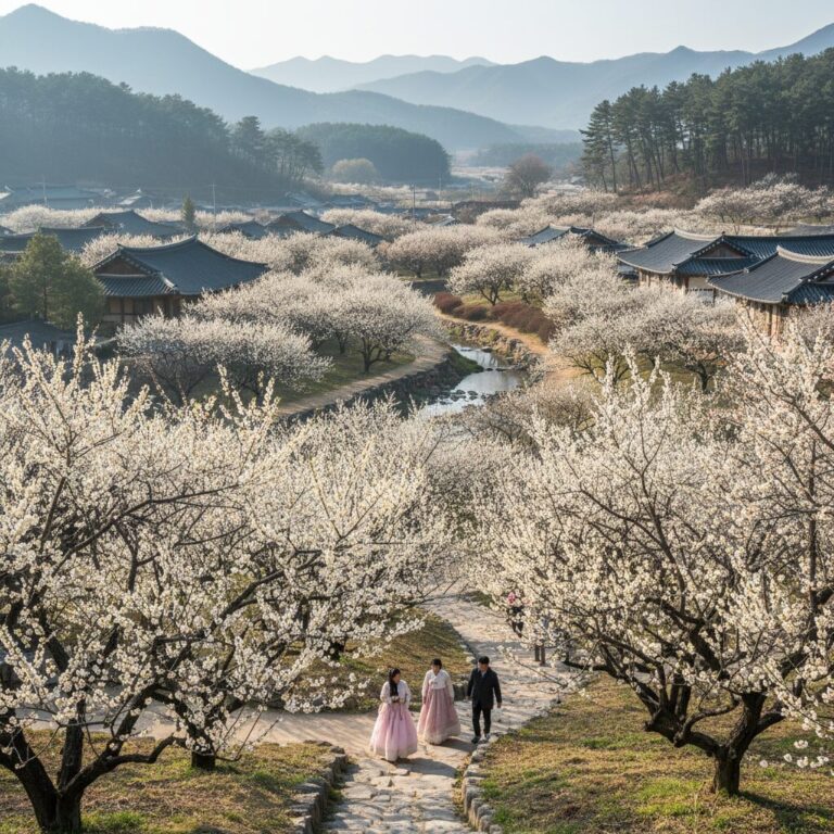 하얀 매화꽃이 만개한 광양 소학정마을의 풍경