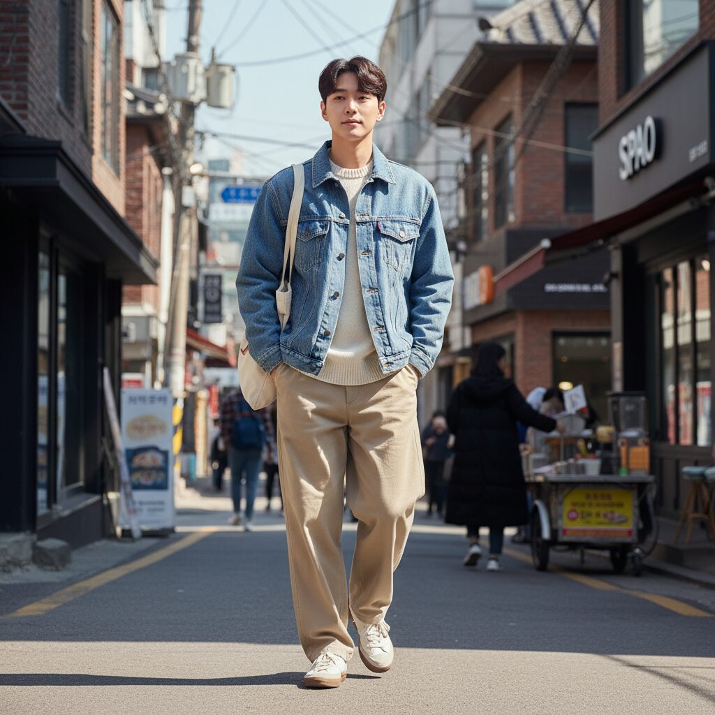 스파오 트러커 자켓을 와이드한 면바지와 함께 매치한 루즈한 일상 코디