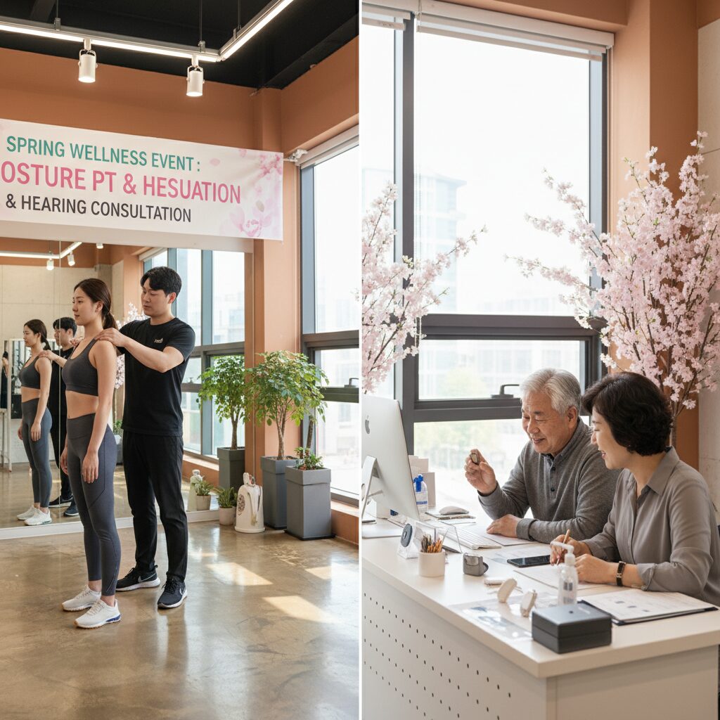 봄맞이 할인 행사로 교정 피티와 보청기 상담을 받는 모습
