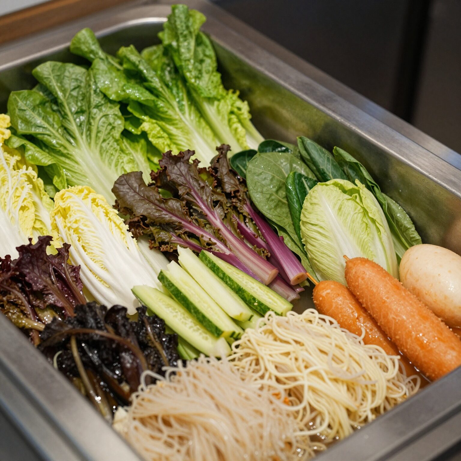 봄담아 샤브샤브 무한리필 셀프바에 놓인 다양한 신선한 야채와 면류