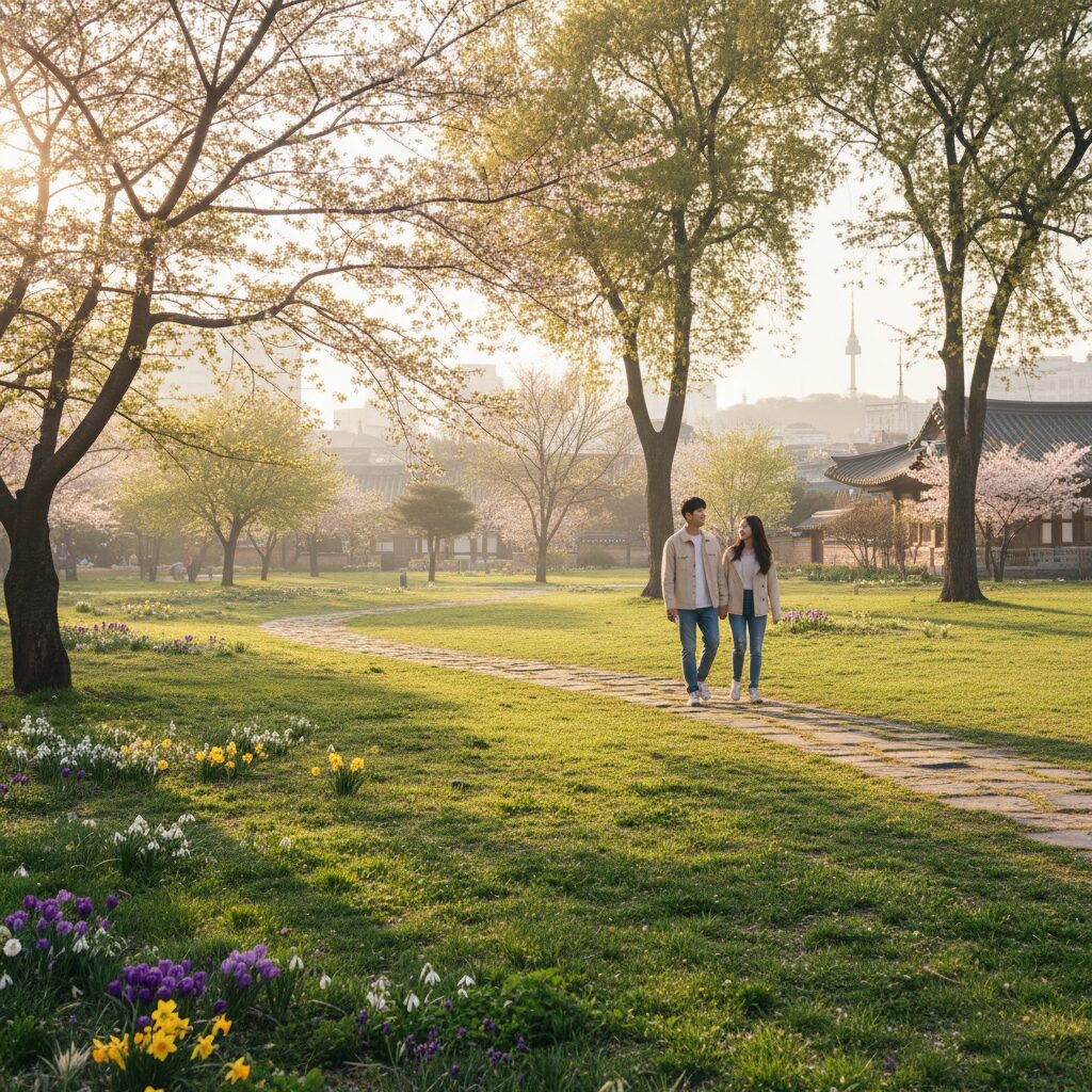 춘분 날짜에 태양빛이 나무와 풀밭을 비추는 봄 풍경