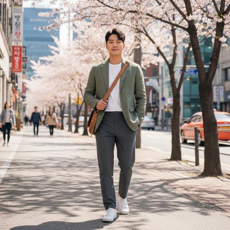 가벼운 재킷과 슬랙스를 매치한 남성 봄 코디