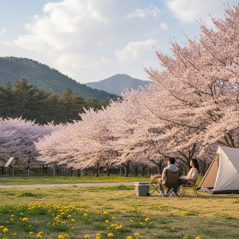 밀양 표충오토캠핑장 민들레 사이트에서 바라본 벚꽃나무 가득한 풍경