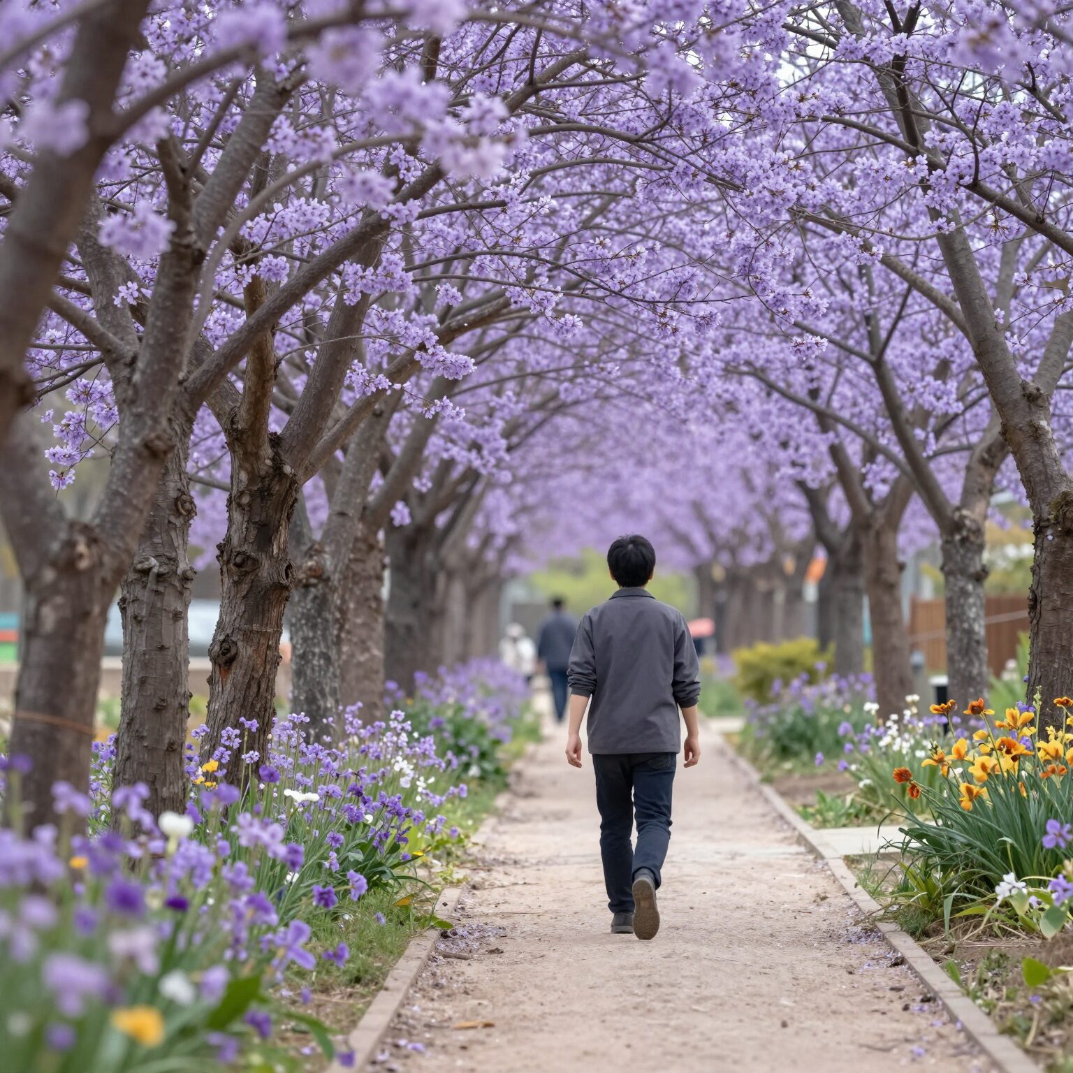 봄 정원 산책로를 따라 걸으며 푸른 나무와 봄꽃을 감상하는 모습