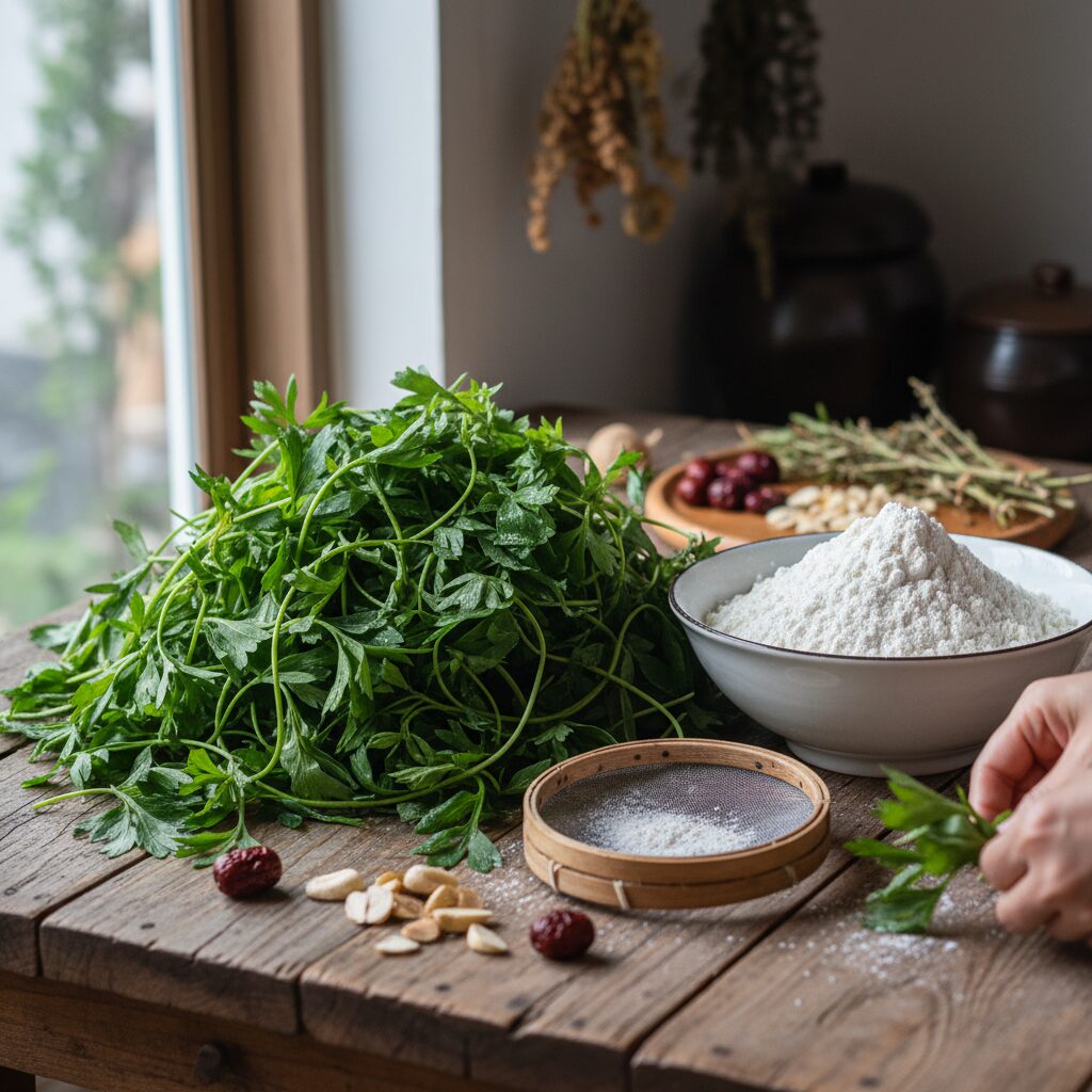 쑥버무리 재료 준비 사진 쑥과 쌀가루