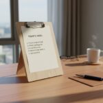 스탠드클립보드의 다양한 쓰임과 선택하는 방법 나무 재질의 스탠드클립보드에 투두리스트가 꽂혀 있고 옆에 펜이 놓여 있는 모습