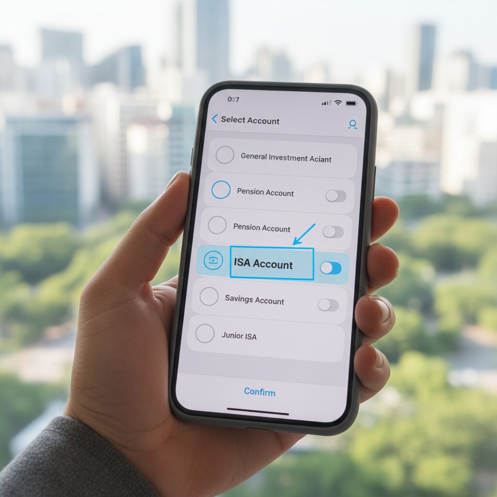 스마트폰 화면에 증권사 앱의 계좌 선택 메뉴가 표시되어 있으며 ISA 계좌 옵션이 강조됨