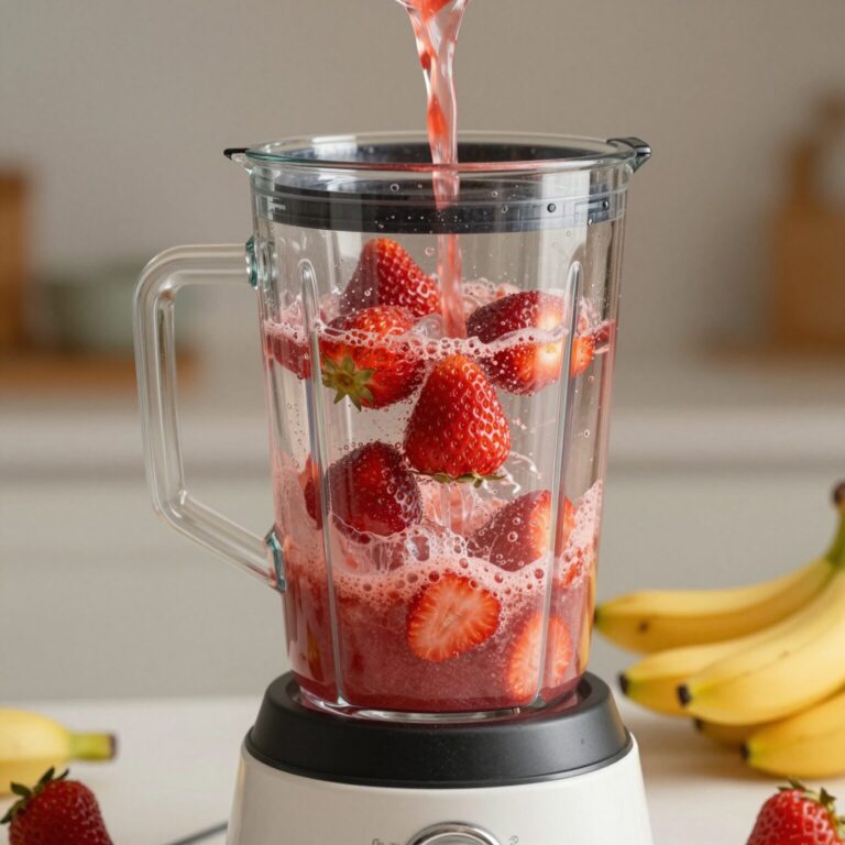 딸기와 바나나가 믹서기에 들어가 주스로 갈리고 있는 과정