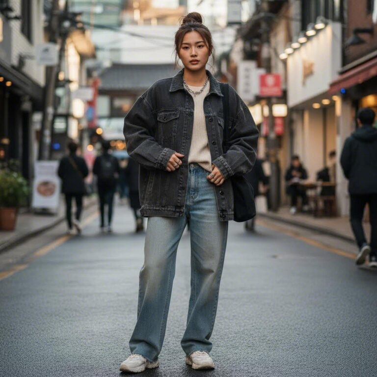 톰보이 오버핏 자켓을 입은 여성의 캐주얼 스타일링