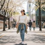 여성 봄 티셔츠로 연출한 캐주얼 데일리 룩 예시