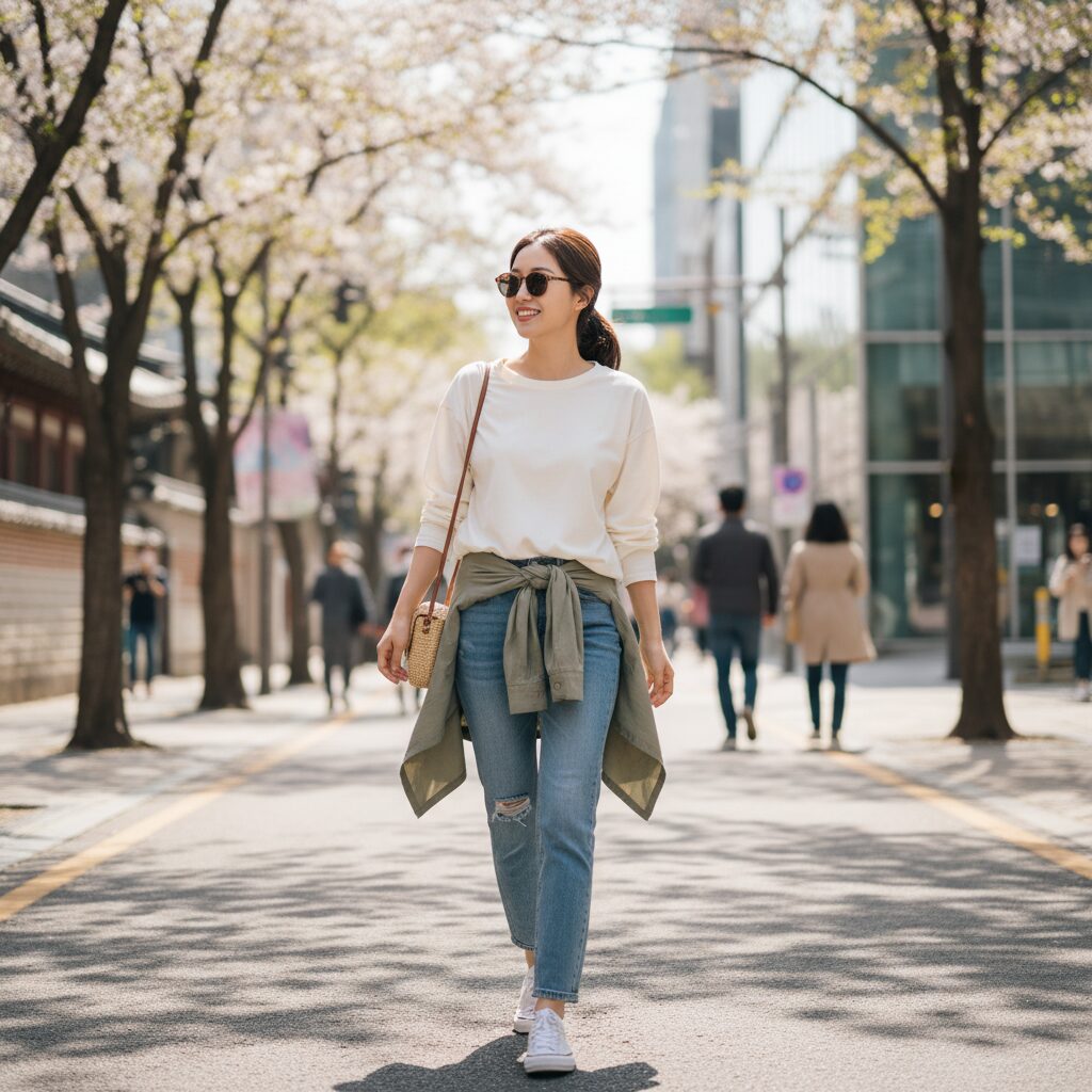 여성 봄 티셔츠로 연출한 캐주얼 데일리 룩 예시