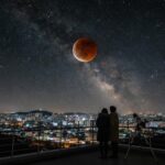 붉게 물든 개기월식의 모습과 주변 별들