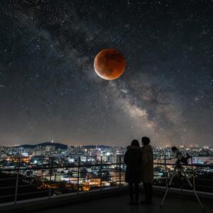 붉게 물든 개기월식의 모습과 주변 별들