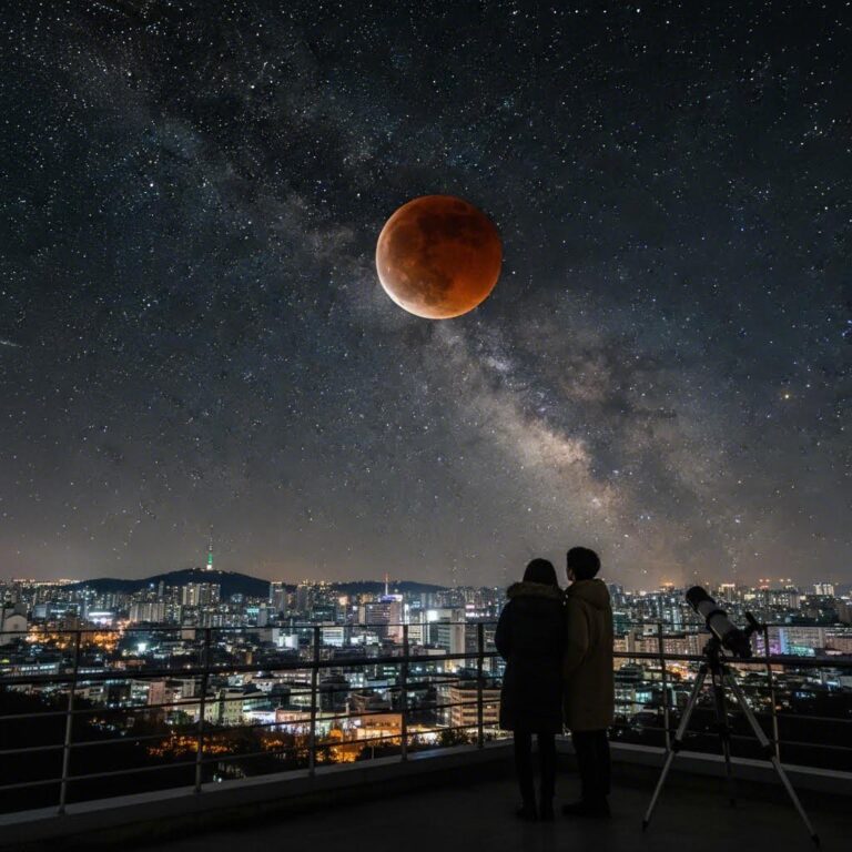 붉게 물든 개기월식의 모습과 주변 별들