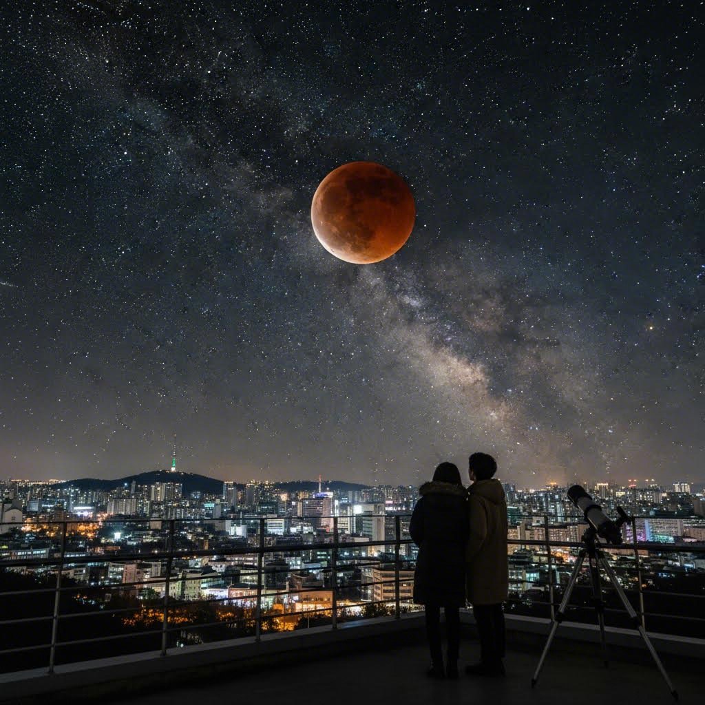 붉게 물든 개기월식의 모습과 주변 별들