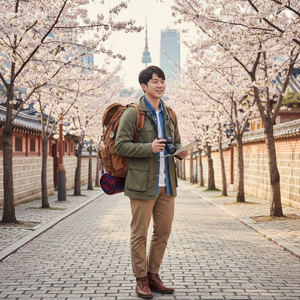 야상 자켓과 백팩을 매치한 봄 여행 코디