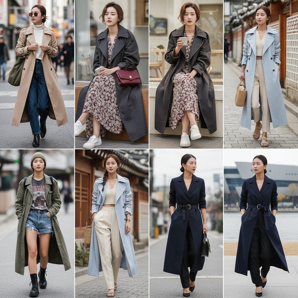 여자 롱 트렌치코트 다양한 스타일링 코디 예시