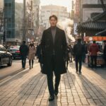 봄 남자 트렌치코트 선택과 스타일링 완전 정복 검정색 트렌치코트를 입은 남자가 거리를 걷는 스타일링 사진