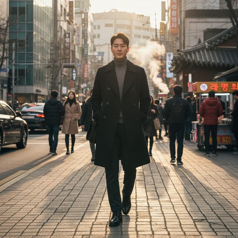 검정색 트렌치코트를 입은 남자가 거리를 걷는 스타일링 사진