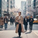 베이지색 롱 트렌치 코트를 걸친 여자가 거리를 걷는 모습