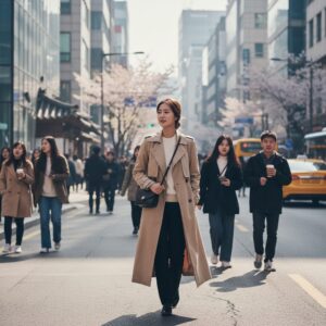 베이지색 롱 트렌치 코트를 걸친 여자가 거리를 걷는 모습