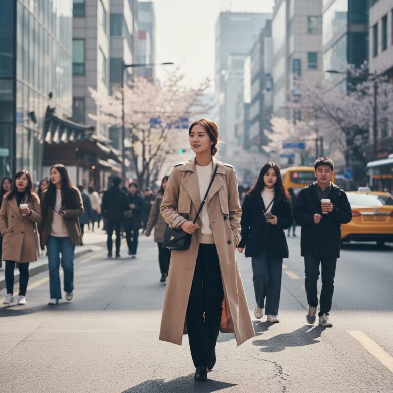 베이지색 롱 트렌치 코트를 걸친 여자가 거리를 걷는 모습
