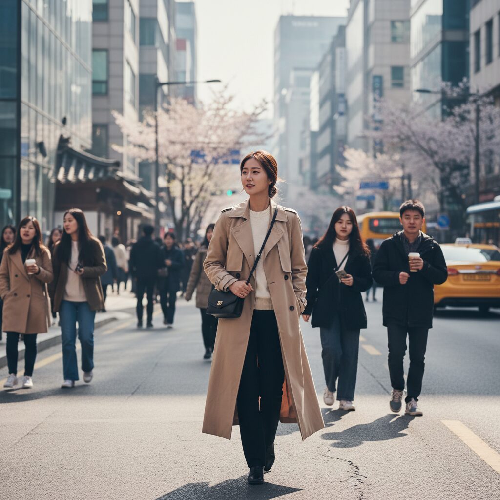 베이지색 롱 트렌치 코트를 걸친 여자가 거리를 걷는 모습