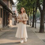 베이지색 크롭 기장의 여성용 블루종 점퍼를 입은 모델이 스커트와 함께 스타일링한 모습