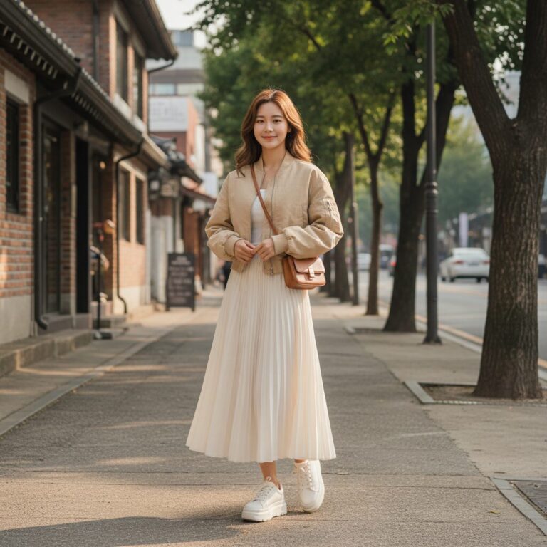 베이지색 크롭 기장의 여성용 블루종 점퍼를 입은 모델이 스커트와 함께 스타일링한 모습